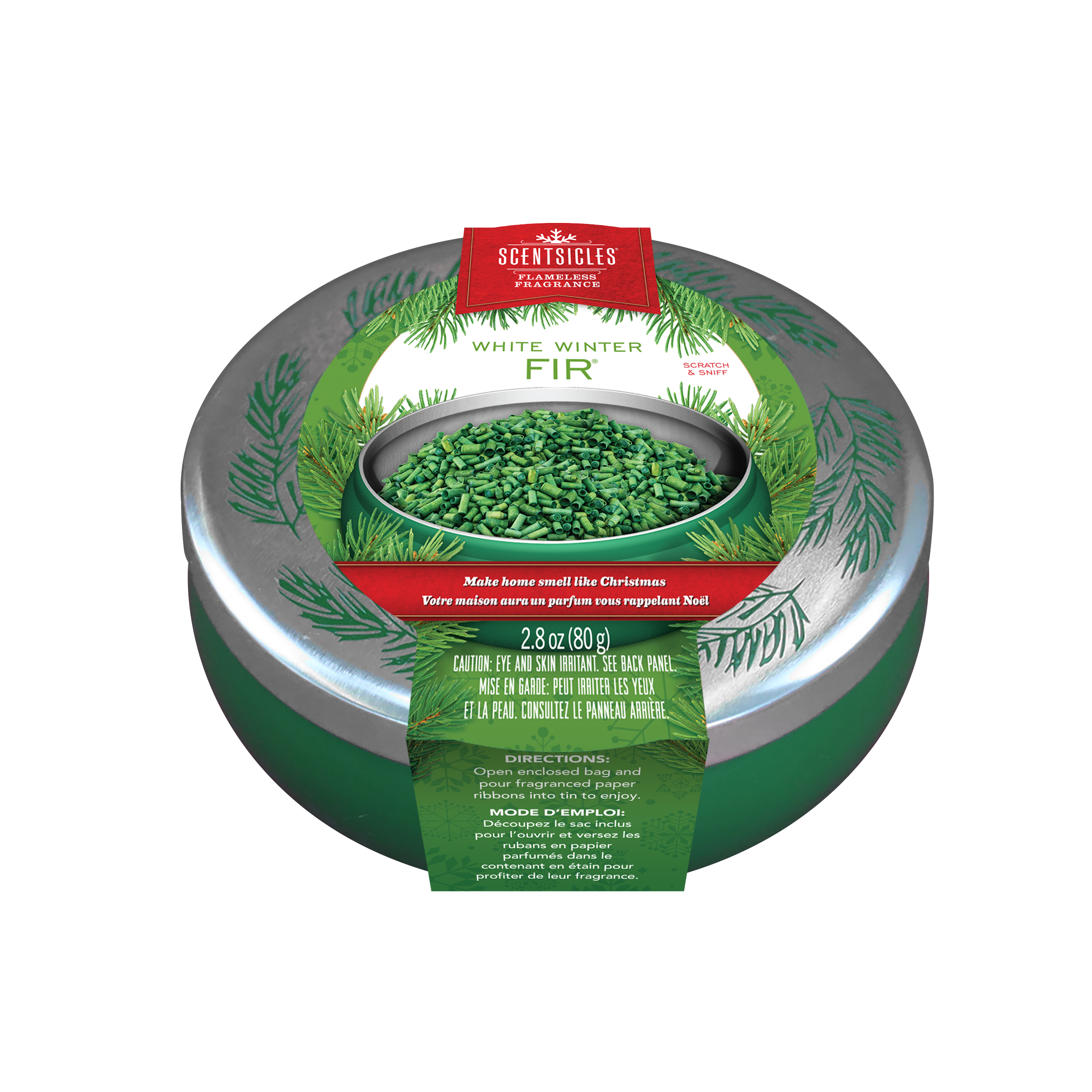 Scentsicles Flameless Fragrance, White Winter Fir, Frangrance-Infused Recyclable Paper Ribbons, Decorative Tin