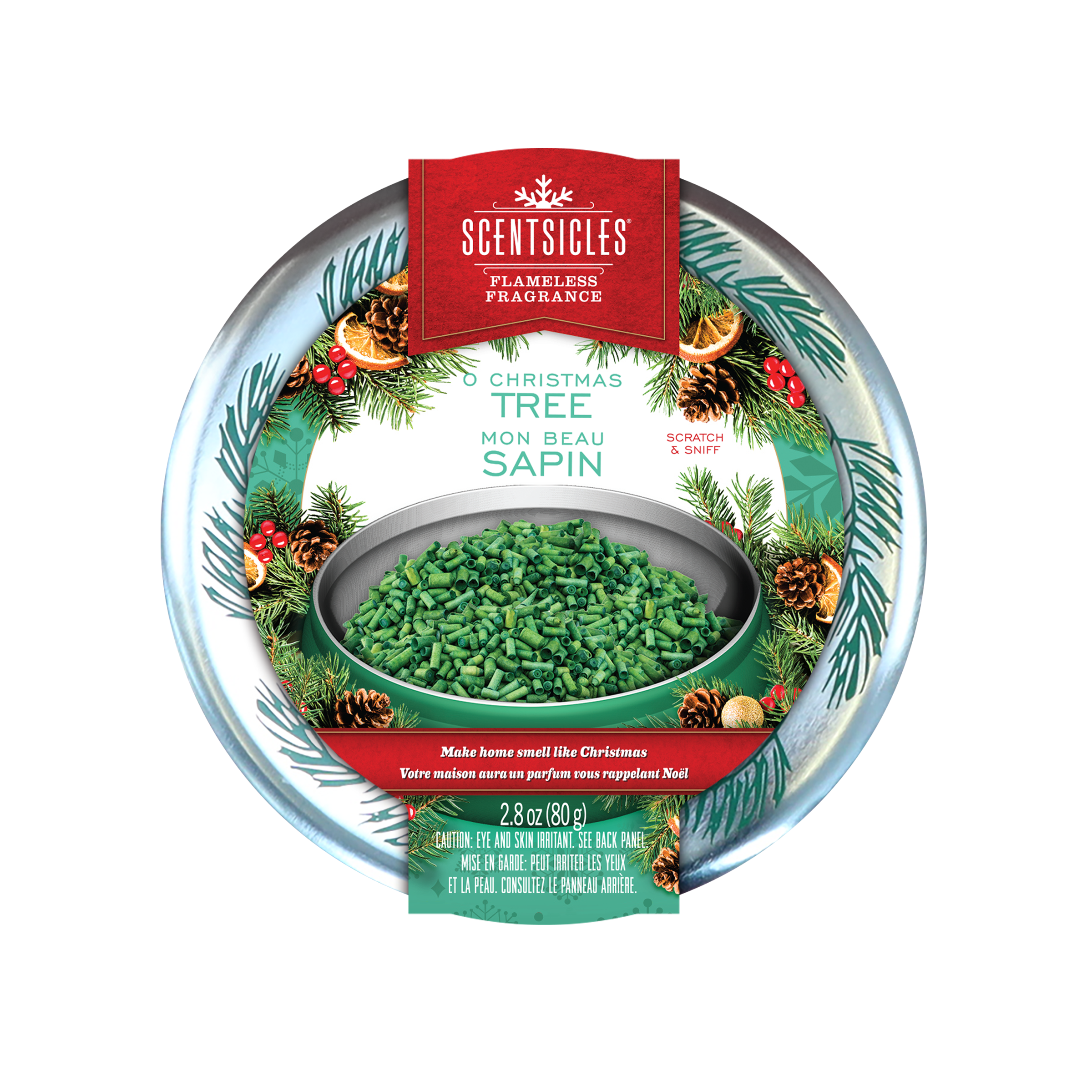 Scentsicles Flameless Fragrance, O Christmas Tree, Frangrance-Infused Recyclable Paper Ribbons, Decorative Tin
