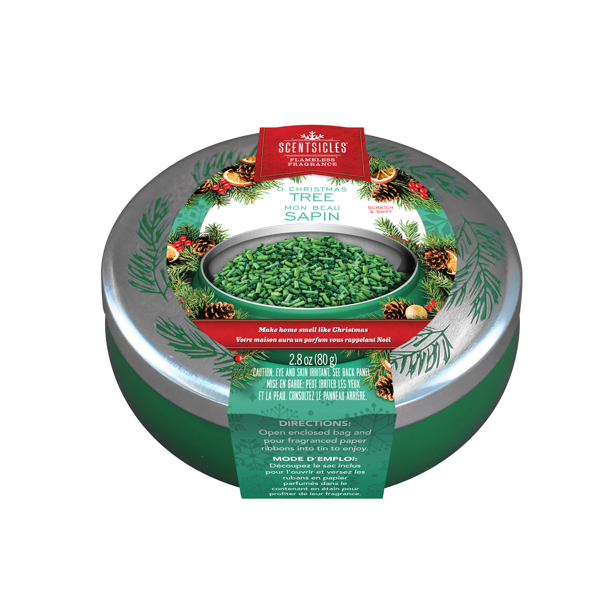 Scentsicles Flameless Fragrance, O Christmas Tree, Frangrance-Infused Recyclable Paper Ribbons, Decorative Tin