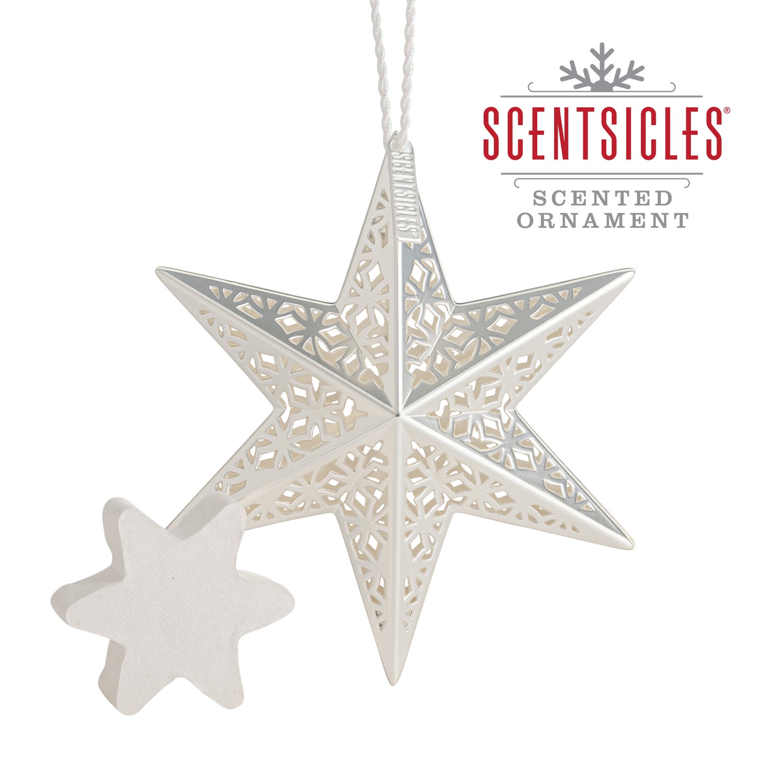 Scentsicles Scented Decorative Ornament, White Winter Fir, Metal White Star, Refillable with Star-Shaped Scents, Refills Sold Separately