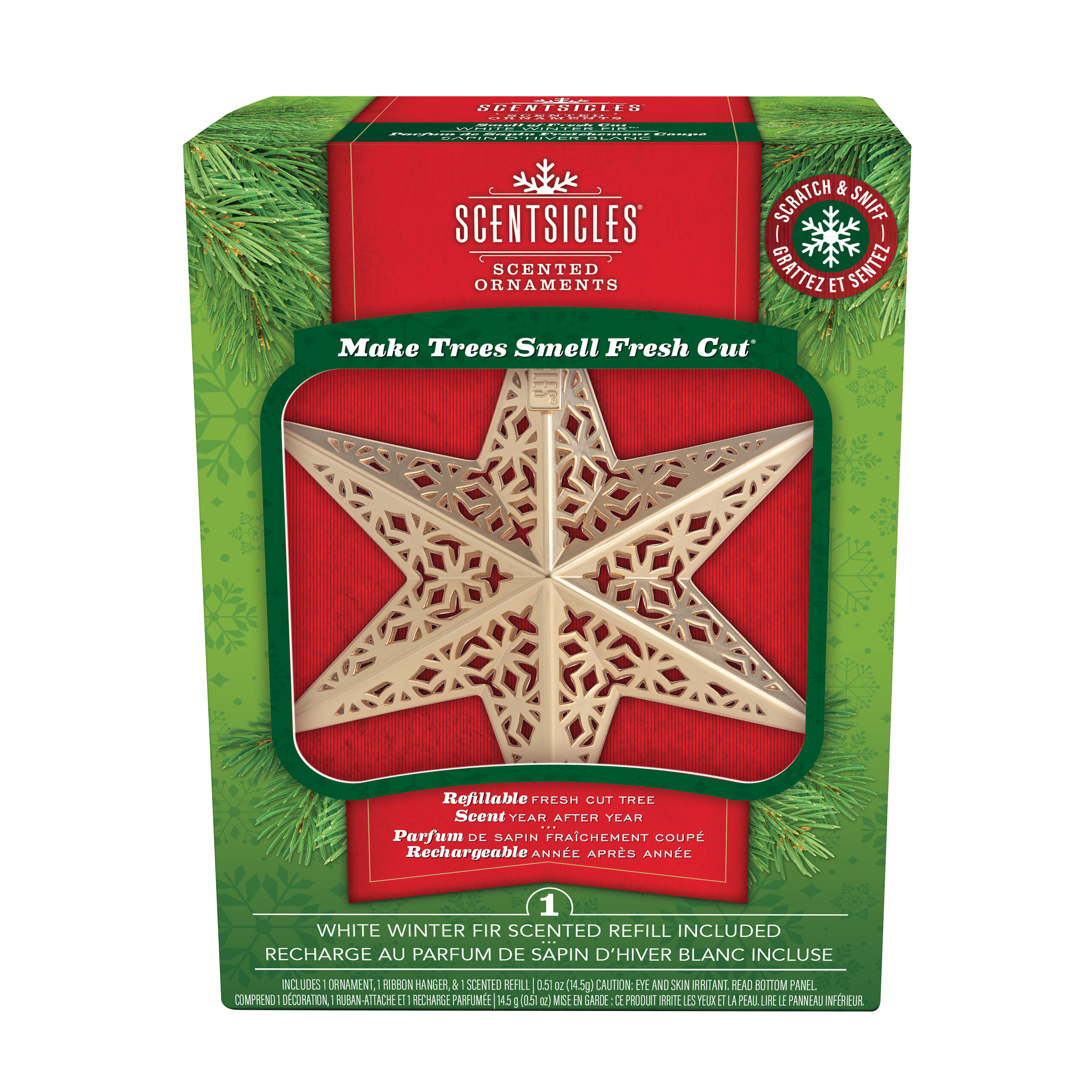 Scentsicles Scented Decorative Ornament, White Winter Fir, Metal Gold Star, Refillable with Star-Shaped Scents, Refills Sold Separately