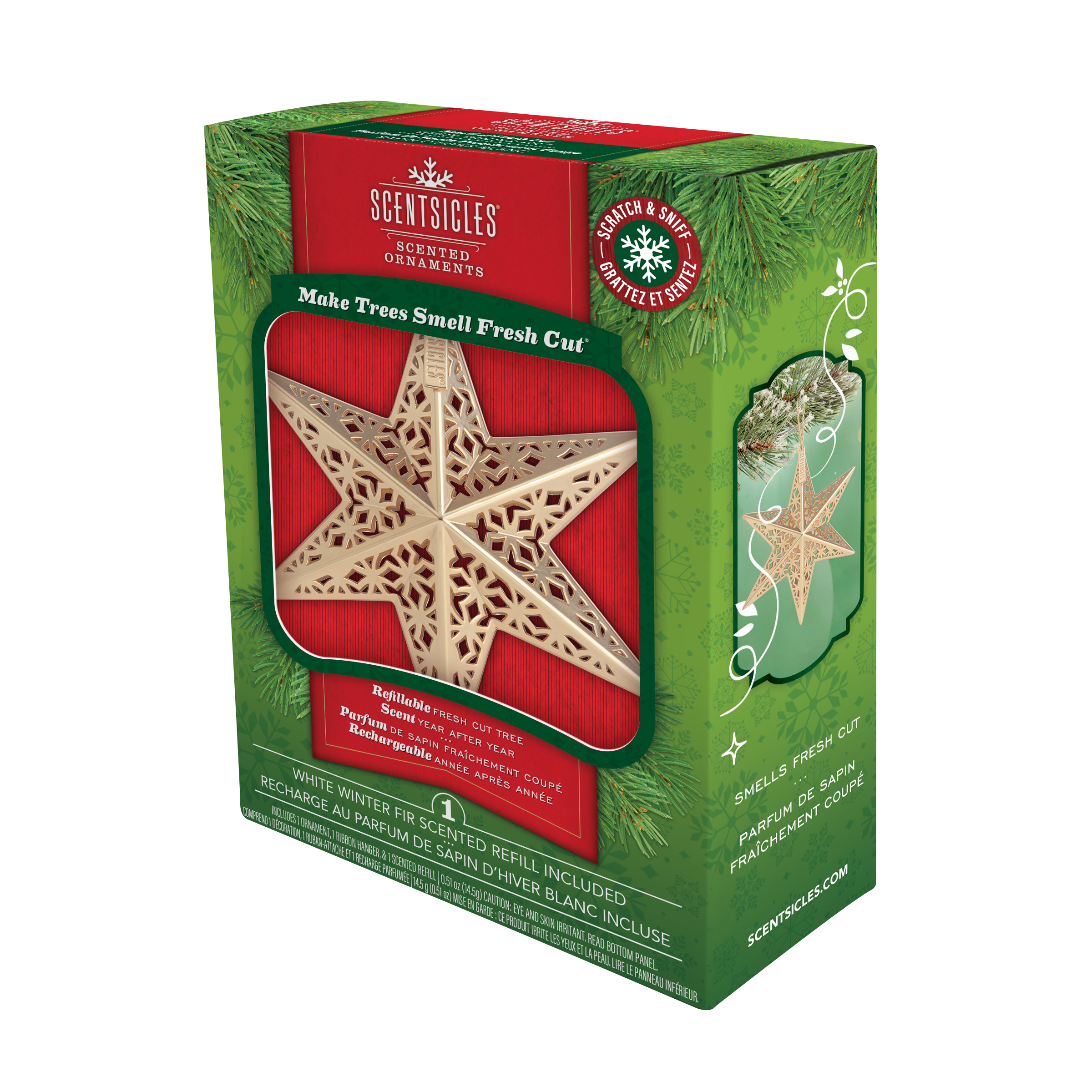 Scentsicles Scented Decorative Ornament, White Winter Fir, Metal Gold Star, Refillable with Star-Shaped Scents, Refills Sold Separately