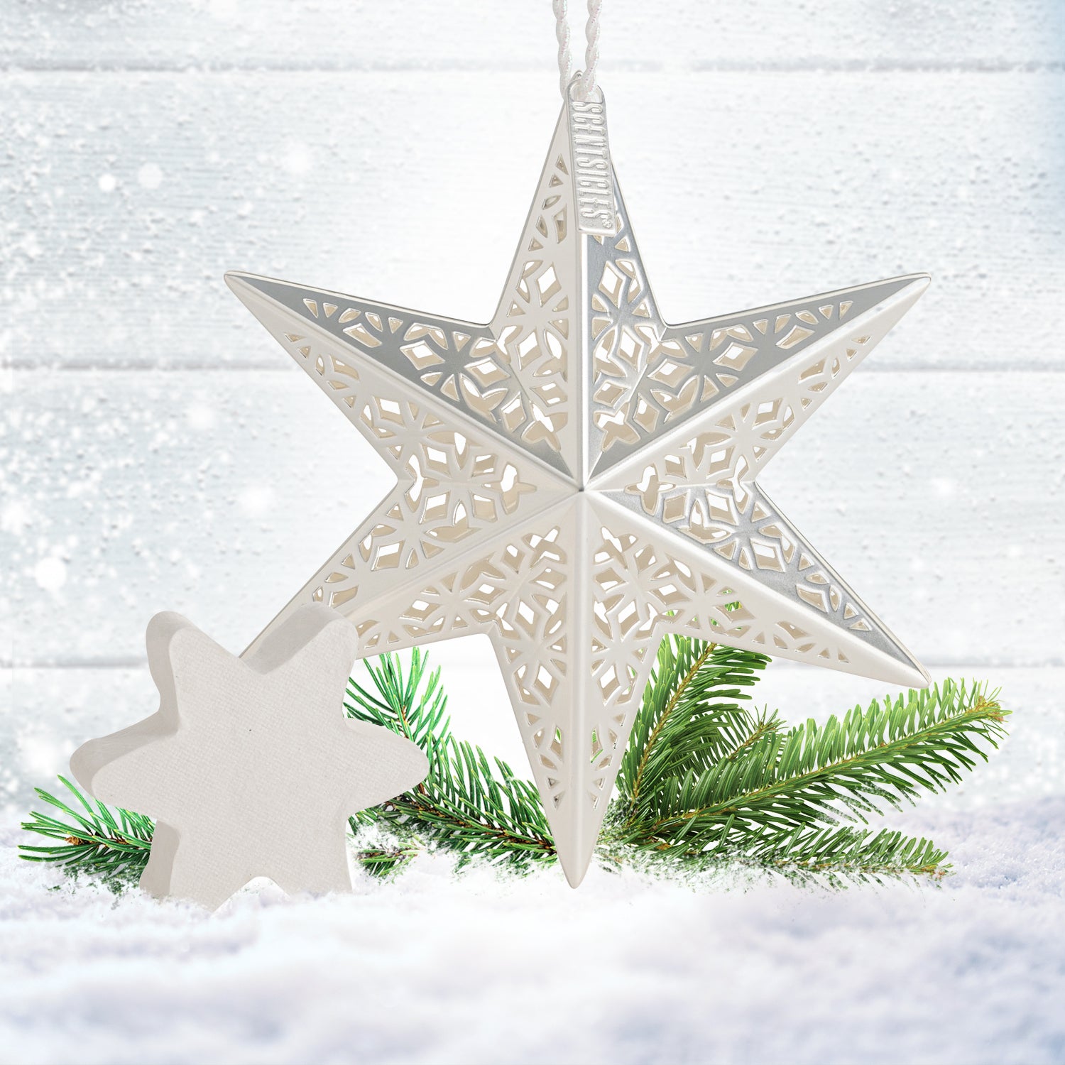 Scentsicles Scented Decorative Ornament, White Winter Fir, Metal White Star, Refillable with Star-Shaped Scents, Refills Sold Separately