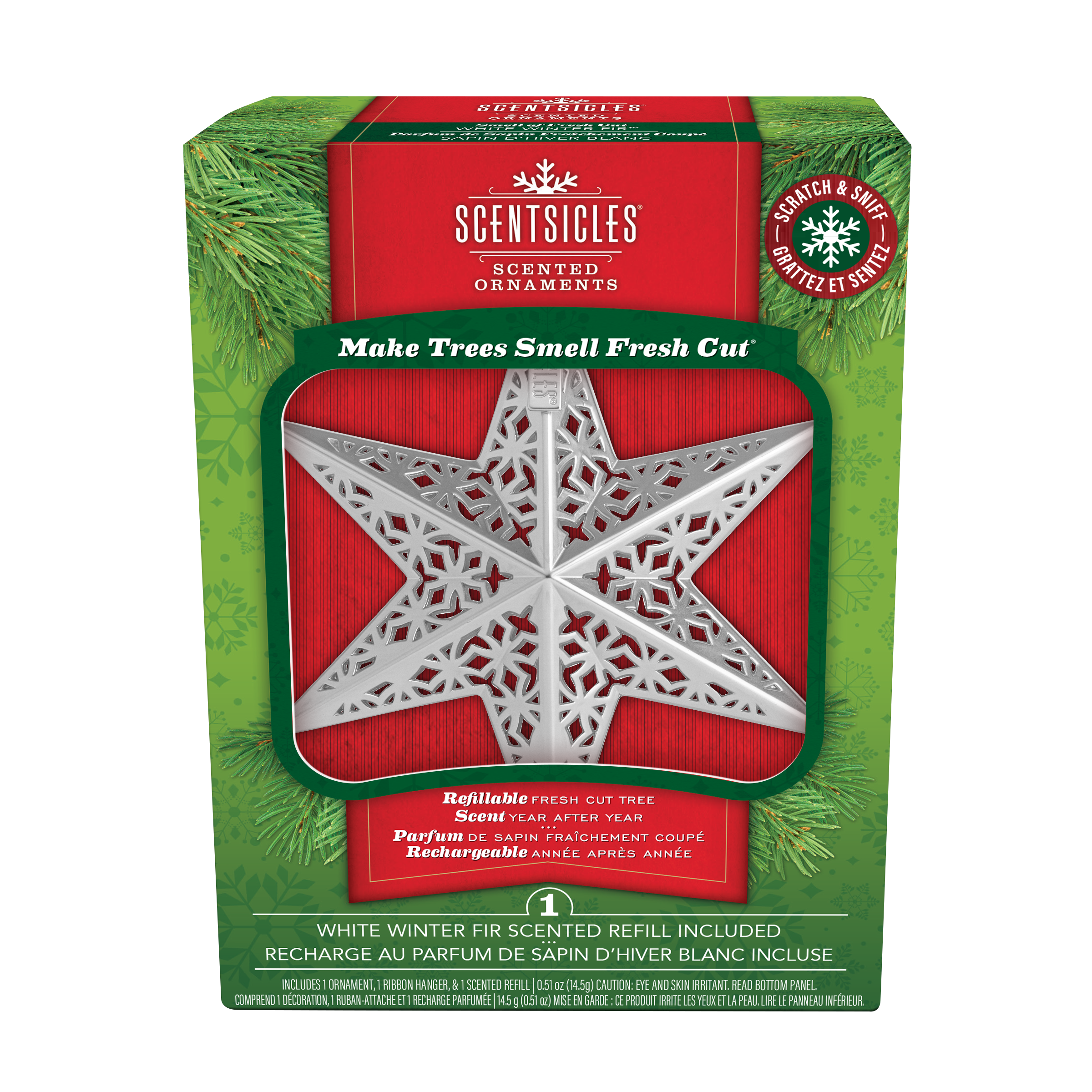 Scentsicles Scented Decorative Ornament, White Winter Fir, Metal White Star, Refillable with Star-Shaped Scents, Refills Sold Separately