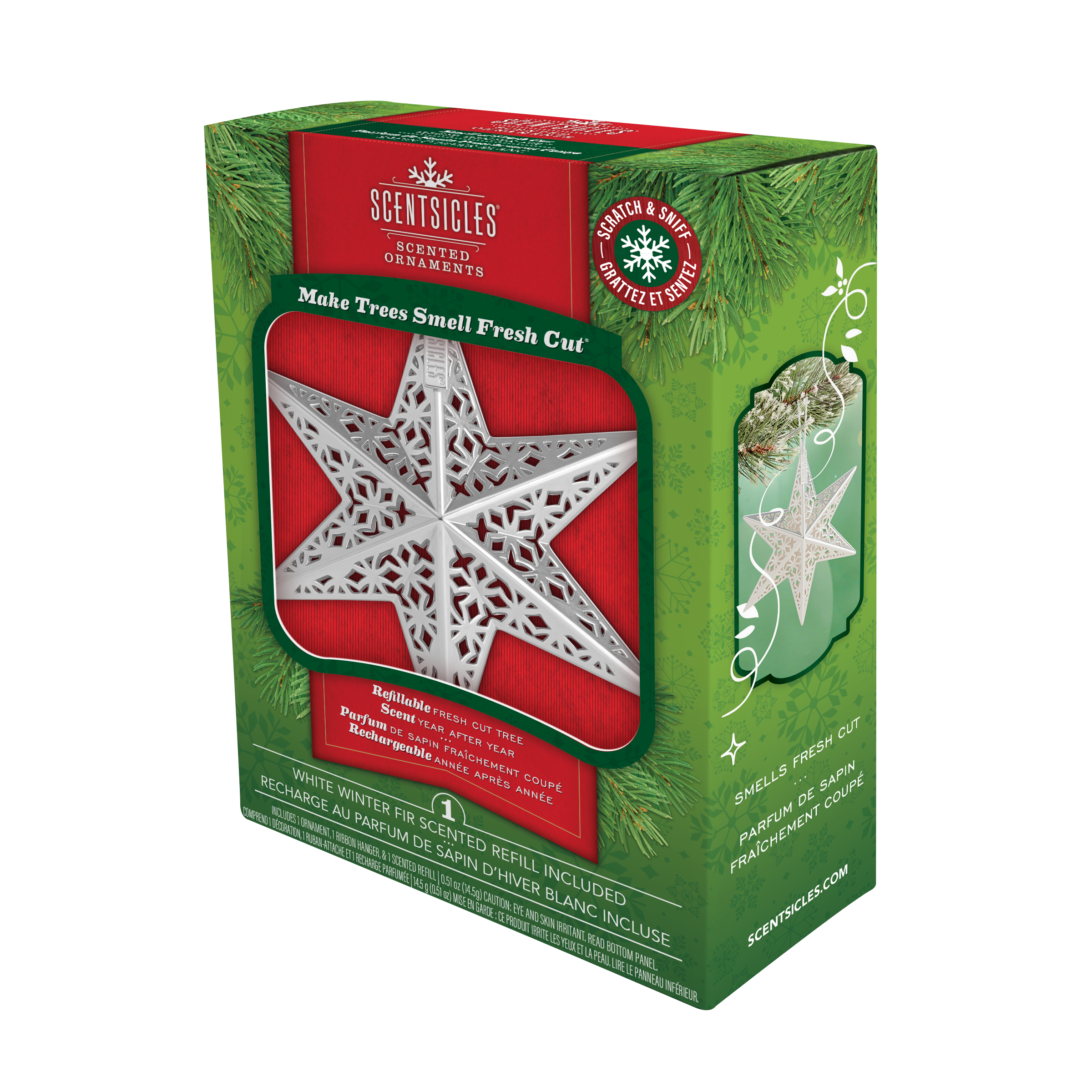 Scentsicles Scented Decorative Ornament, White Winter Fir, Metal White Star, Refillable with Star-Shaped Scents, Refills Sold Separately