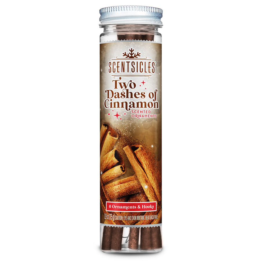 Scentsicles Two Dashes of Cinnamon scented ornaments bottle with six ornaments and hooks, featuring the warm and spicy aroma of cinnamon for holiday decor.