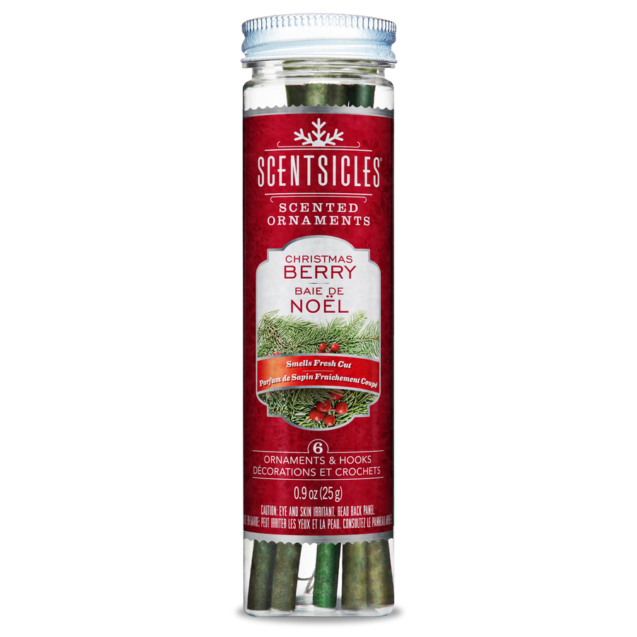 Front view of Scentsicles Christmas Berry scented ornaments jar, showcasing the product label with festive red design, pine branches, and holly berries, emphasizing 'Smells Fresh Cut' and includes 6 ornaments with hooks.