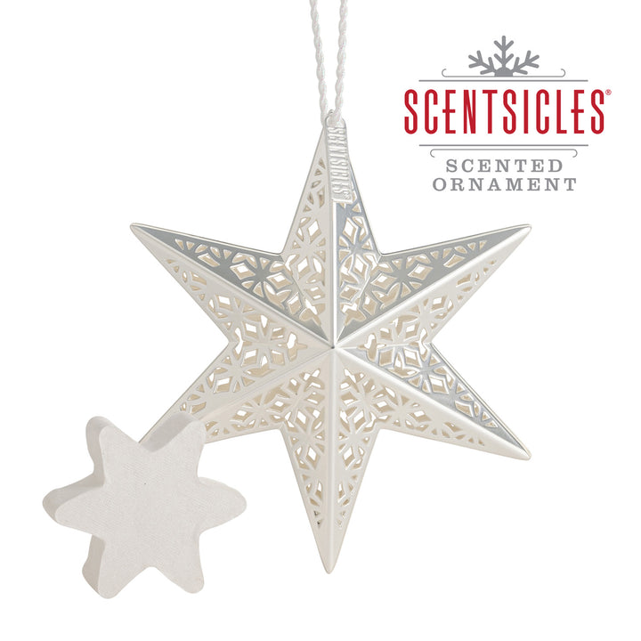 Scented Decorative Ornament, White Winter Fir, Metal White Star, Refillable with Star-Shaped Scents, Refills Sold Separately