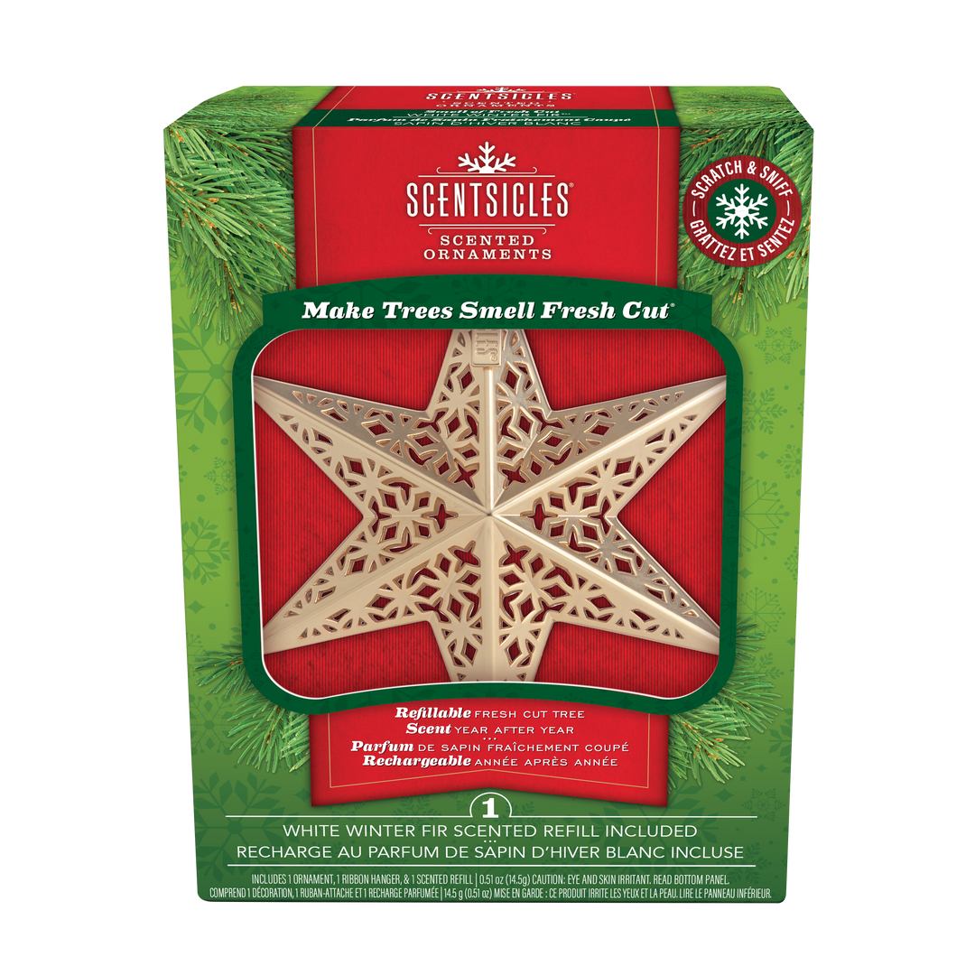 Scented Decorative Ornament, White Winter Fir, Metal Gold Star, Refillable with Star-Shaped Scents, Refills Sold Separately