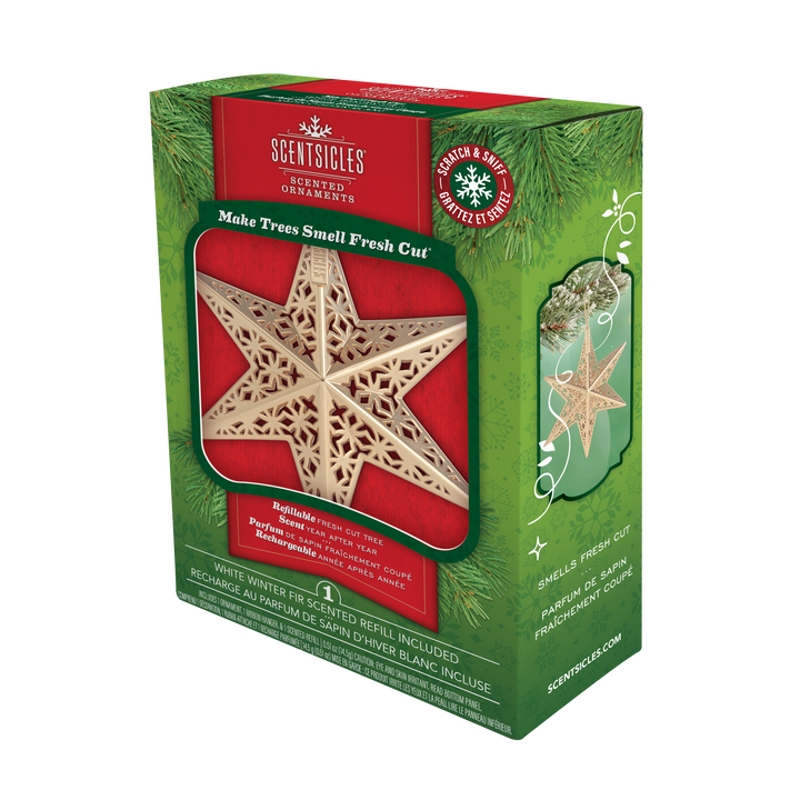 Scented Decorative Ornament, White Winter Fir, Metal Gold Star, Refillable with Star-Shaped Scents, Refills Sold Separately