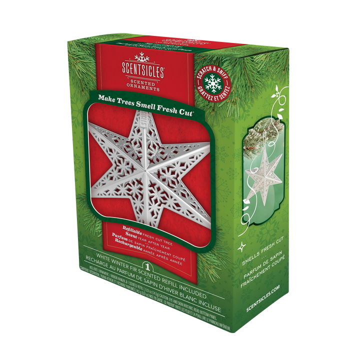 Scented Decorative Ornament, White Winter Fir, Metal White Star, Refillable with Star-Shaped Scents, Refills Sold Separately